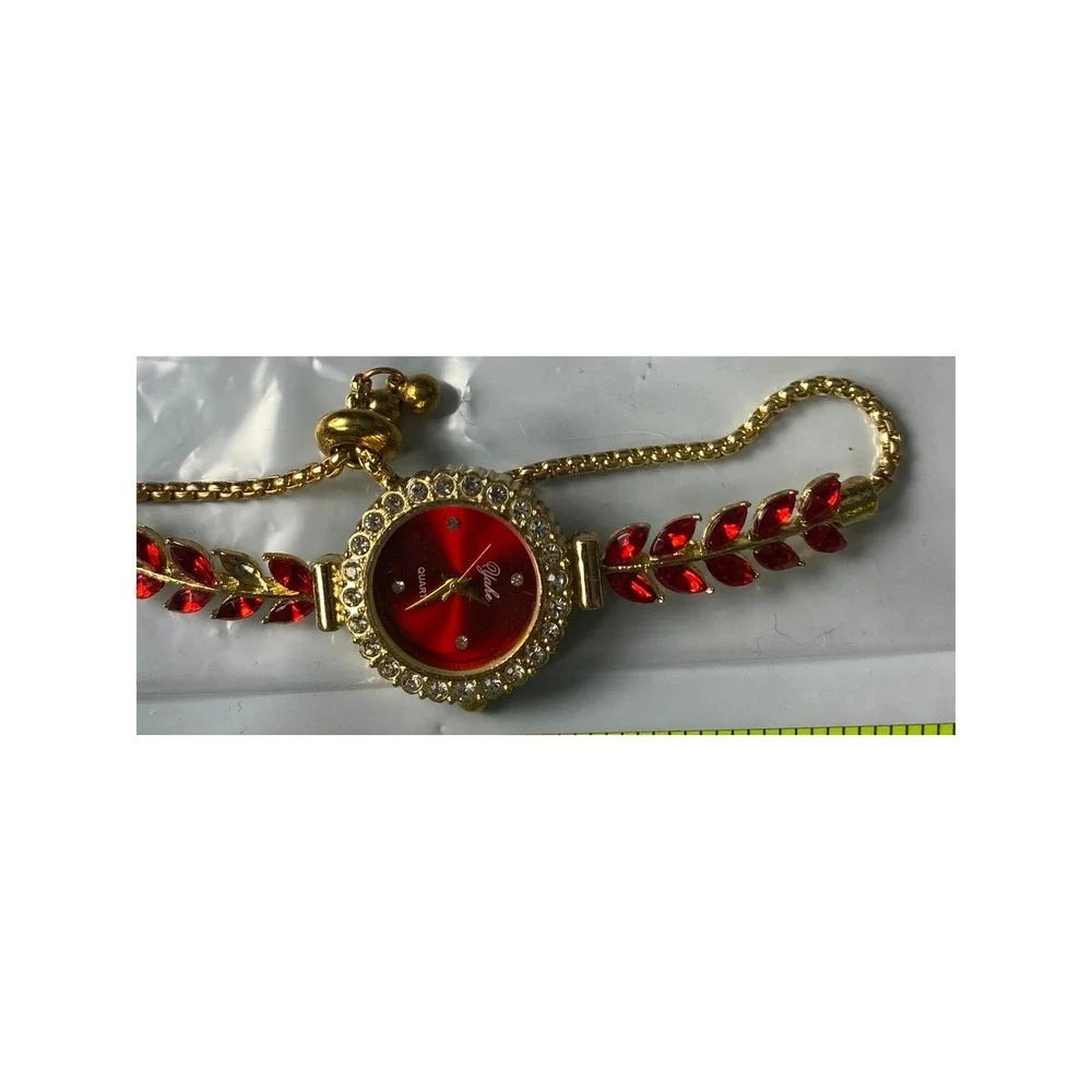 Glake Womens Gold Tone Red Dial Rhinestone Leaf Bolo Bracelet Quartz Watch 2621